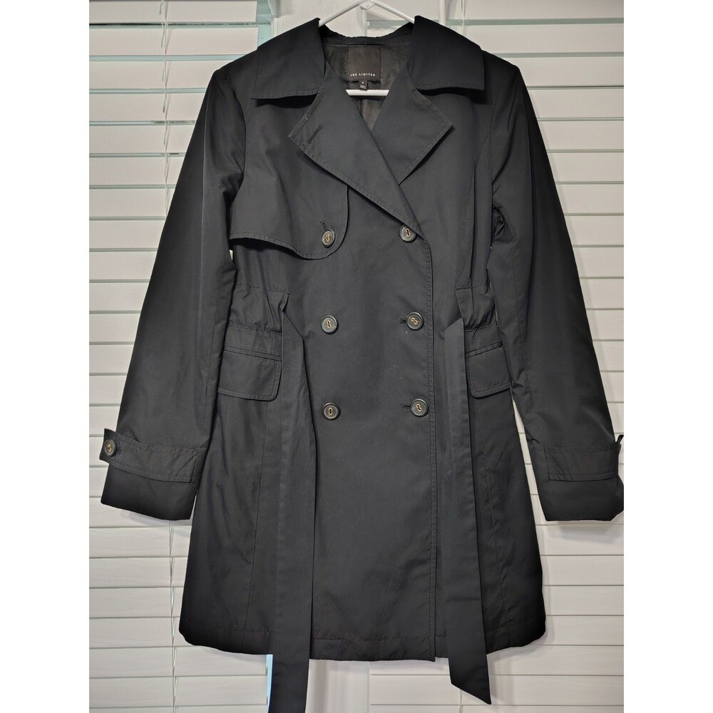 The Limited Black Women's Double Breasted Trench Coat - Size S Lined Waist Tie